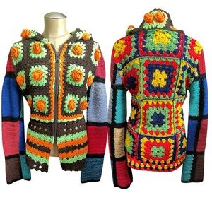 Vintage CANAL 6 Paris Grandma Square Crochet Zippered Jacket Sweater Sz S/M EUC